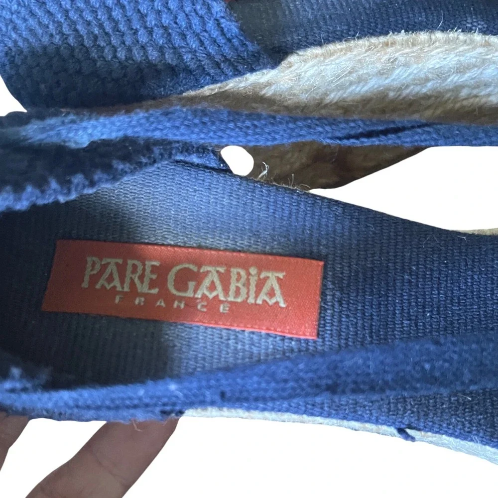 Pare Gabia France Blue White Stripe Lace Up Ankle Wedge Espadrilles Handmade 8.5